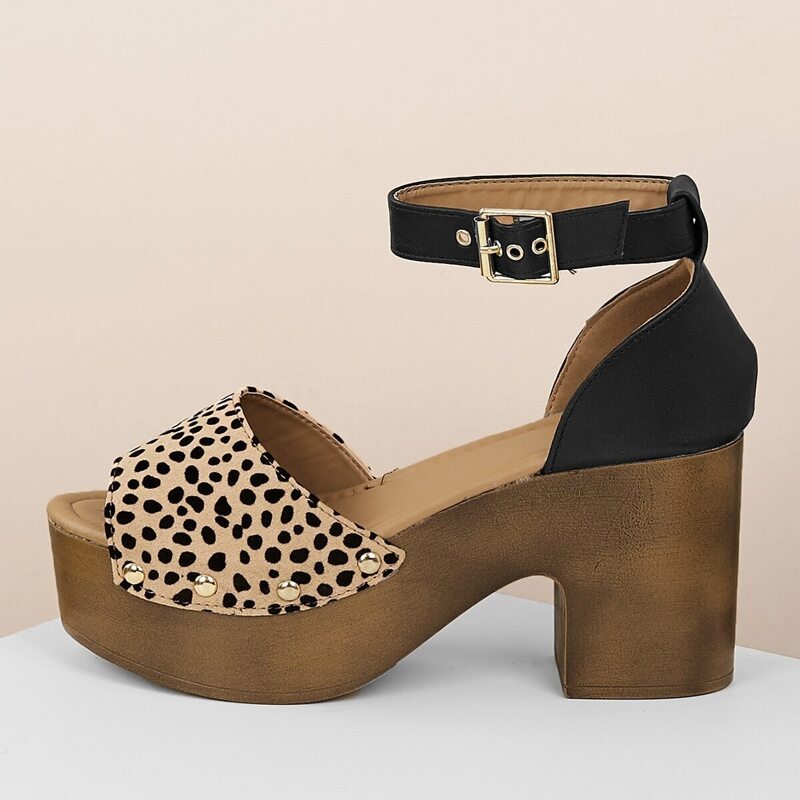 

Leopard Print Open Toe Platform Heel Sandals, Multicolor