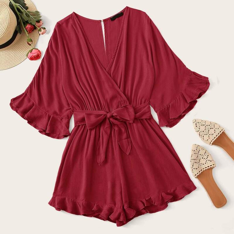 

Cut-out Back Ruffle Trim Surplice Neck Belted Romper, Burgundy