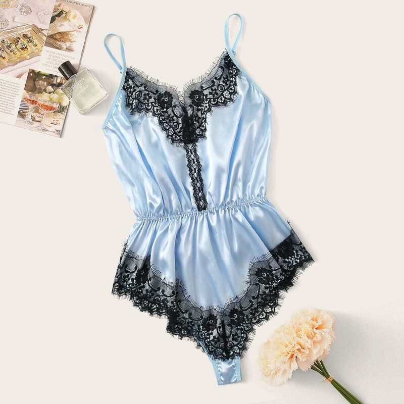 

Eyelash Lace Satin Teddy Bodysuit, Blue