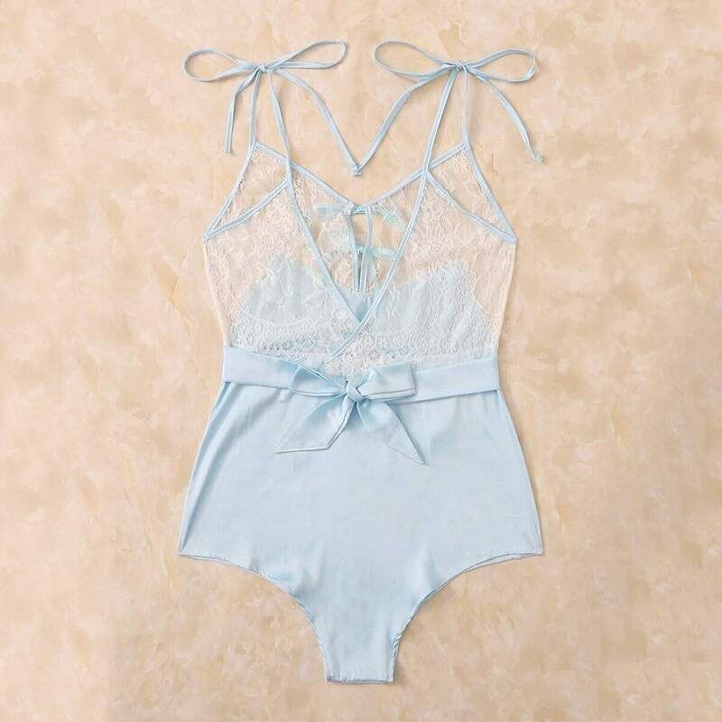 

Floral Lace Satin Belted Teddy Bodysuit, Blue