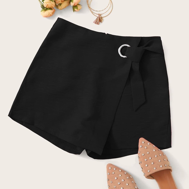 

Solid Ring Belted Wrap Skort, Black