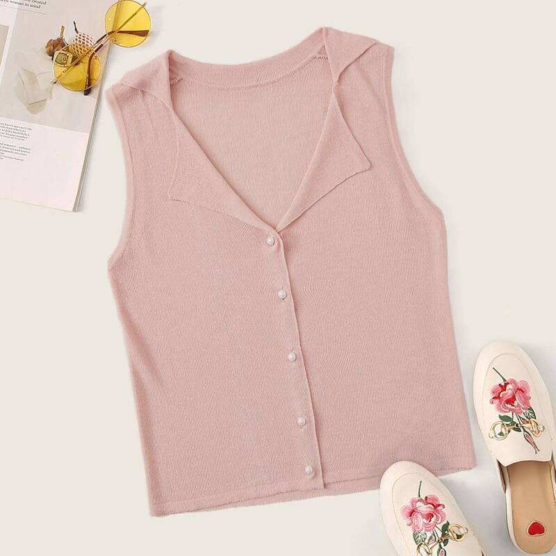 

Button Front Notched Neck Sleeveless Sweater, Pink pastel