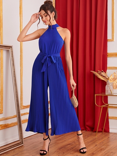 Pleated Wide Leg Belted Halter Jumpsuit