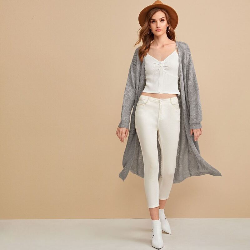 

Dual Pocket Open Front Longline Cardigan, Grey