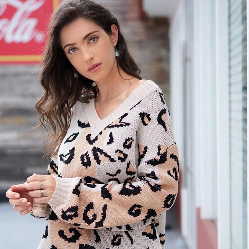 

V-neck Leopard Print Drop Shoulder Jumper, Multicolor