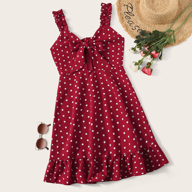 

Polka Dot Ruffle Hem Tie Front Dress, Red