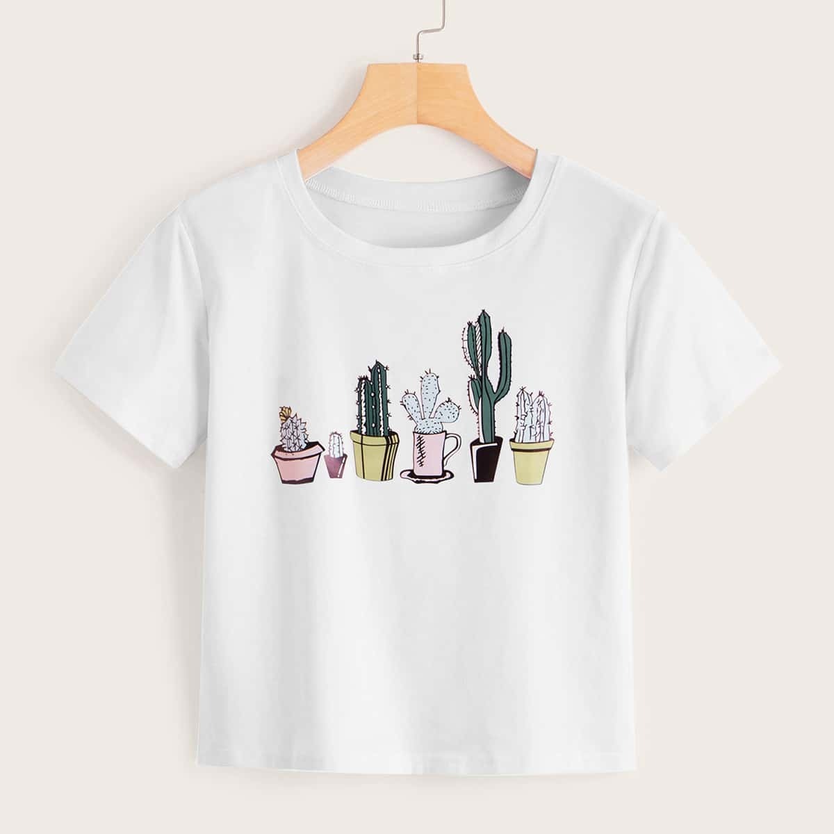 

Cactus Print Round Neck Tee, White