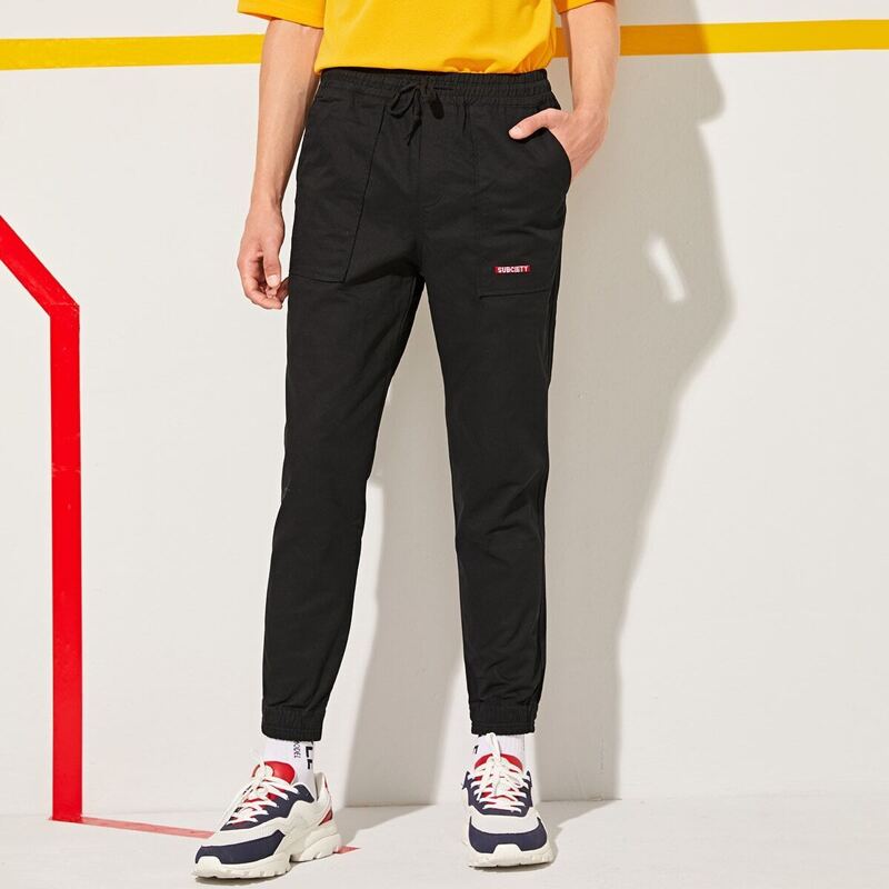 

Guys Letter Embroidered Pocket Side Pants, Black