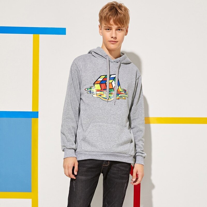 

Guys Magic Cube Print Kangaroo Pocket Hoodie, Grey