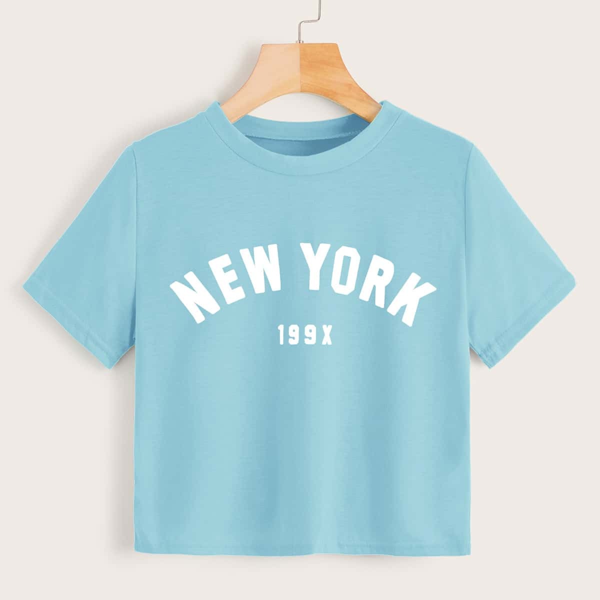 

Letter Print Crop Tee, Blue