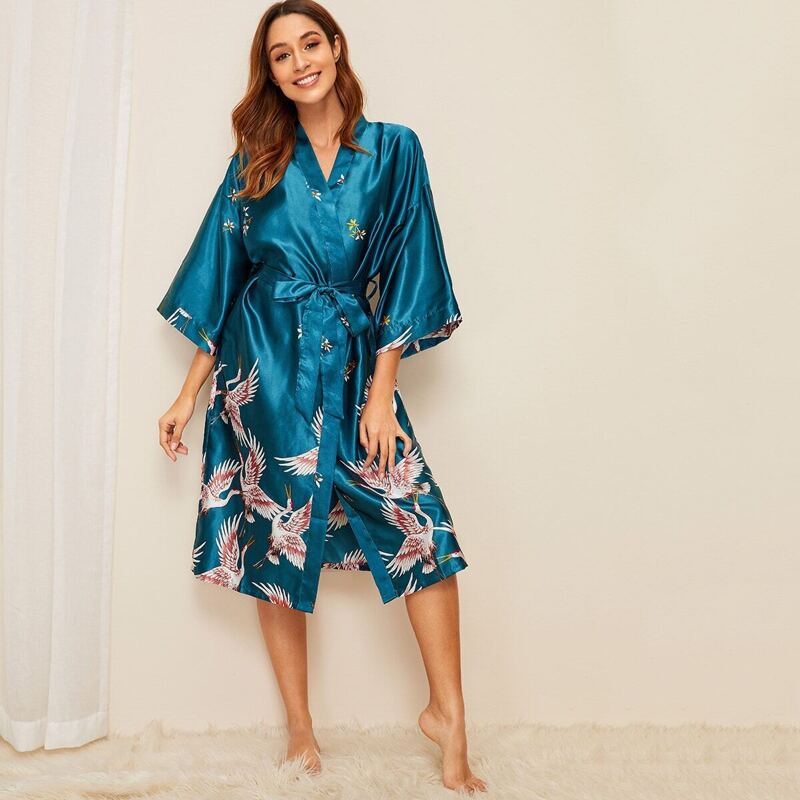 

Crane Print Satin Belted Robe, Multicolor