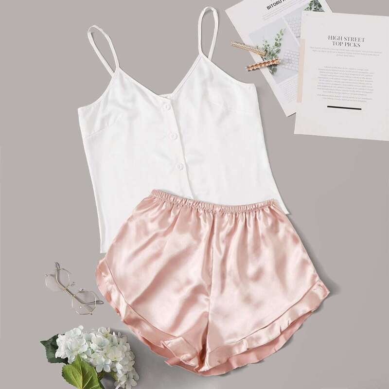 

Button Front Cami With Satin Shorts PJ Set, Multicolor