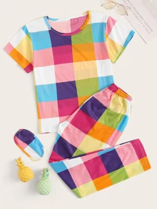 Conjunto de pijama de cuadros multicolor con máscara de ojo