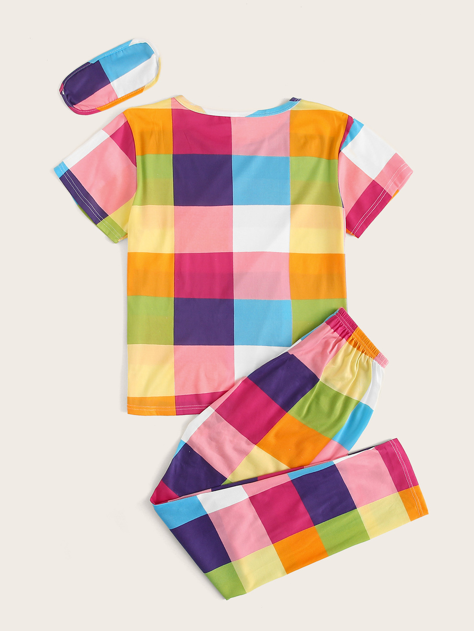 Multicolor Plaid Pajama Set With Eye Cover