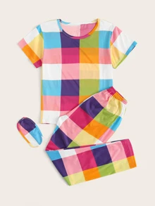 Conjunto de pijama de cuadros multicolor con máscara de ojo