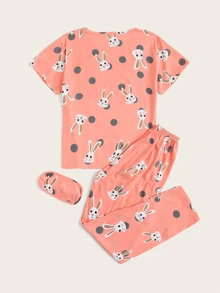 Rabbit Print Polka Dot PJ Set / Pajama Set With Eye Cover - Coral Pink - View 2