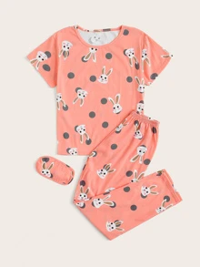 Rabbit Print Polka Dot PJ Set / Pajama Set With Eye Cover - Coral Pink - View 3