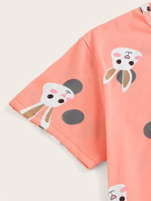 Rabbit Print Polka Dot PJ Set / Pajama Set With Eye Cover - Coral Pink - View 4