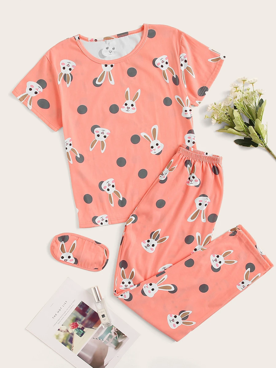 Rabbit Print Polka Dot PJ Set / Pajama Set With Eye Cover - Coral Pink - View 1