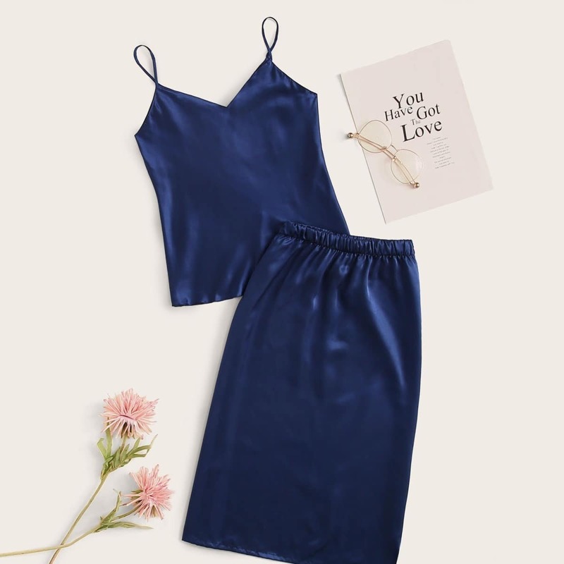 

Satin Cami Top With Skirt PJ Set, Navy