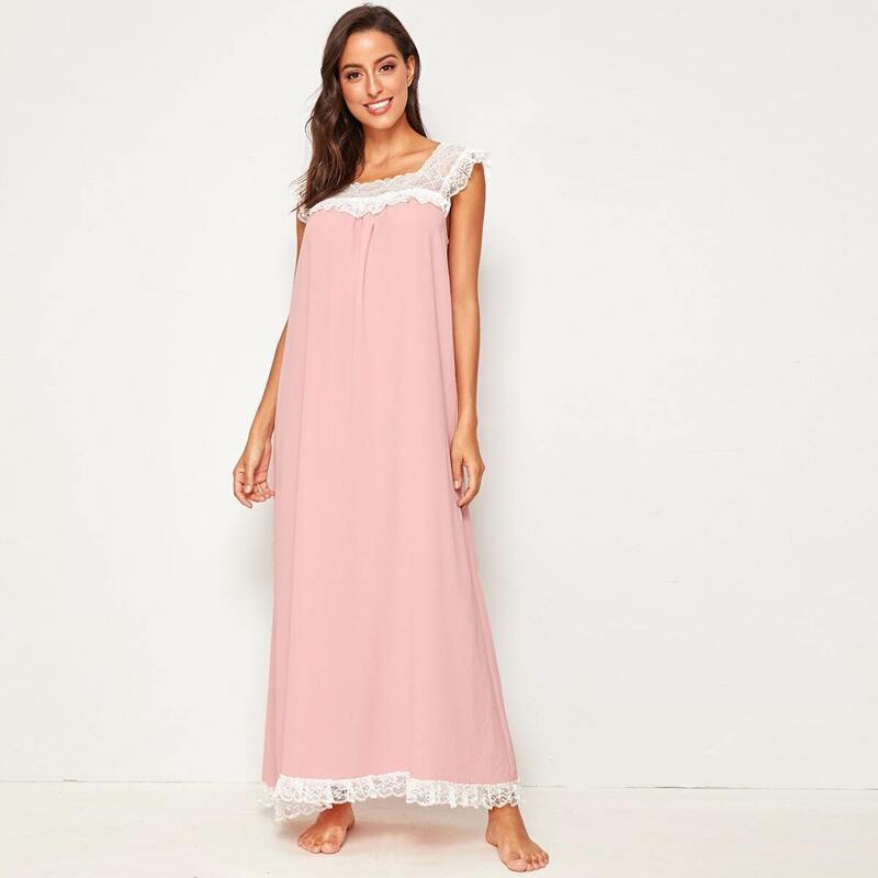 

Contrast Lace Trim Pleated Front Nightdress, Pink pastel