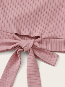 SHEIN Qutie Lettuce Trim Tie Hem Rib-knit Bardot Top - Dusty Pink - View 4