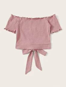 SHEIN Qutie Lettuce Trim Tie Hem Rib-knit Bardot Top - Dusty Pink - View 2