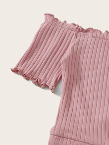 SHEIN Qutie Lettuce Trim Tie Hem Rib-knit Bardot Top - Dusty Pink - View 3