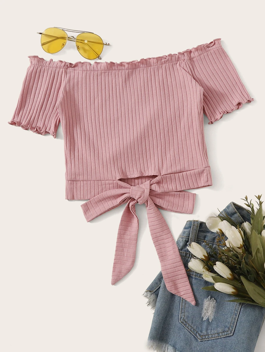 SHEIN Qutie Lettuce Trim Tie Hem Rib-knit Bardot Top - Dusty Pink - View 1
