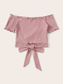 SHEIN Qutie Lettuce Trim Tie Hem Rib-knit Bardot Top - Dusty Pink - View 5