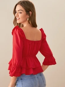 SHEIN Solid Ruffle Hem Lace Insert Top - Red - View 2