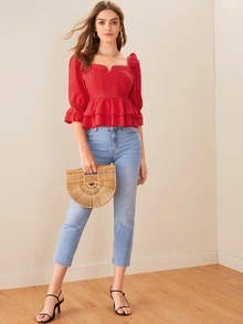 SHEIN Solid Ruffle Hem Lace Insert Top - Red - View 3