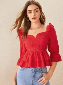 SHEIN Solid Ruffle Hem Lace Insert Top - Red - View 4