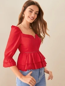 SHEIN Solid Ruffle Hem Lace Insert Top - Red - View 5
