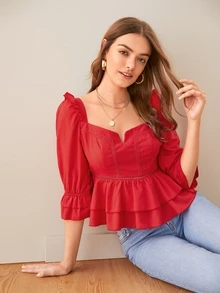 SHEIN Solid Ruffle Hem Lace Insert Top - Red - View 1