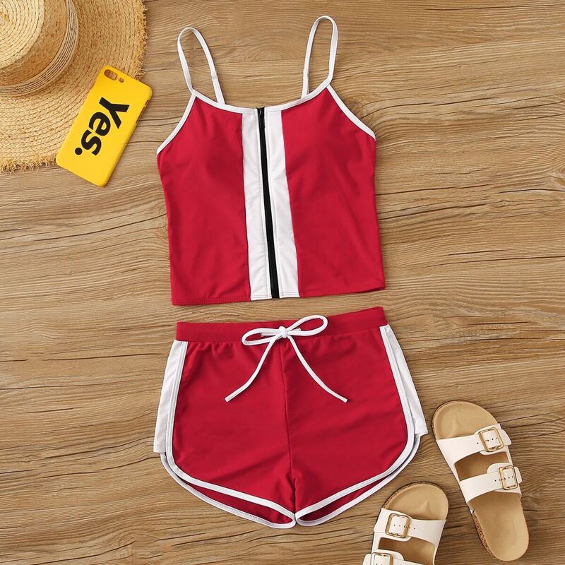 

Contrast Binding Zipper Front Tankini, Red