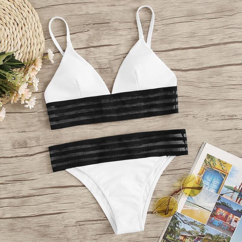 

Contrast Mesh Spaghetti Strap Bikini Set, Black and white