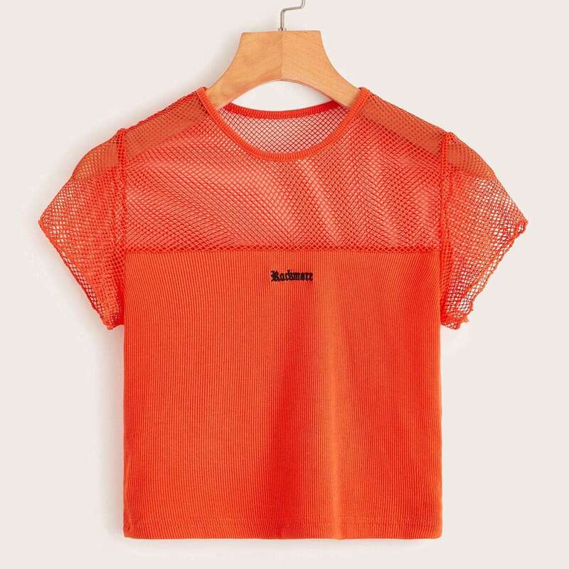 

Contrast Fishnet Letter Embroidery Ribbed Tee, Orange