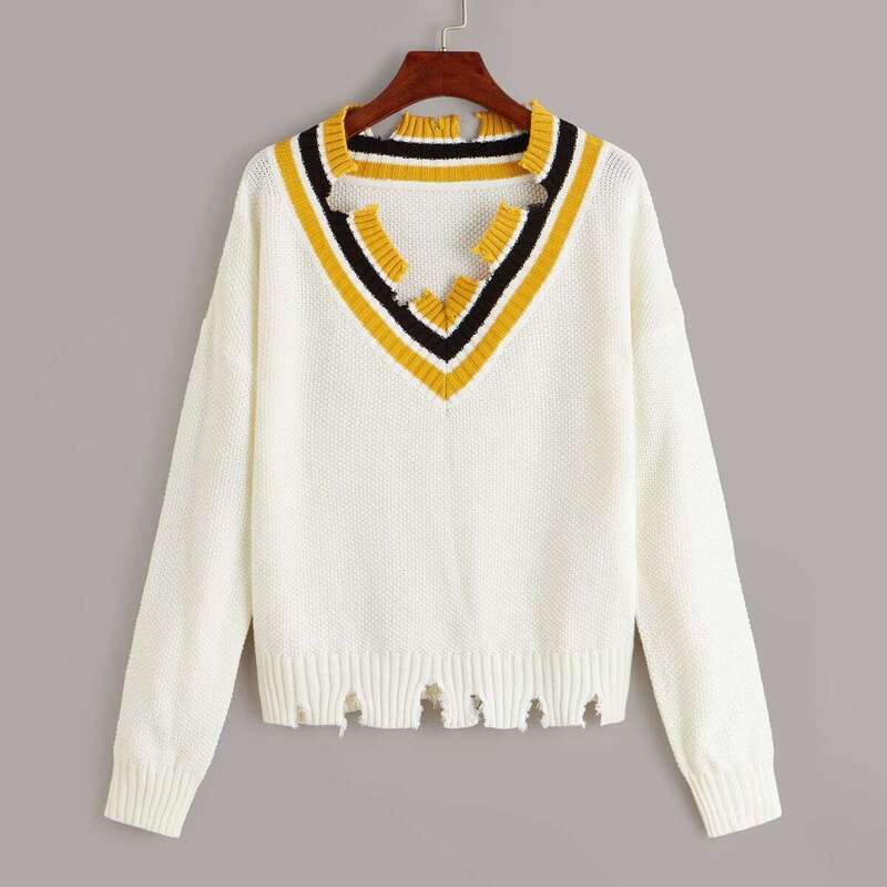

Ripped Striped V-neck Drop Shoulder Jumper, Beige
