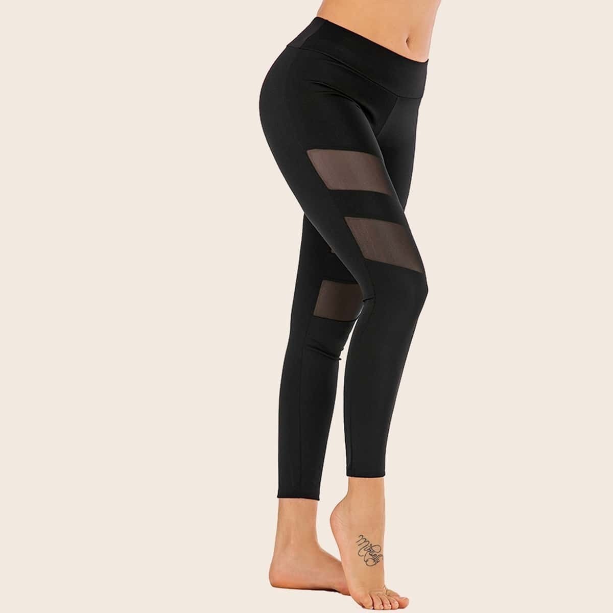

Contrast Mesh Skinny Leggings, Black