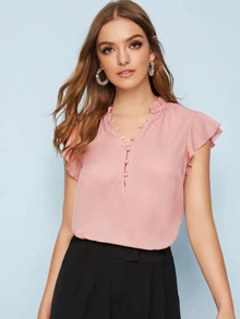 Chiquease Camisa unicolor de manga mariposa con botón - Rosa vieja - Ver 1