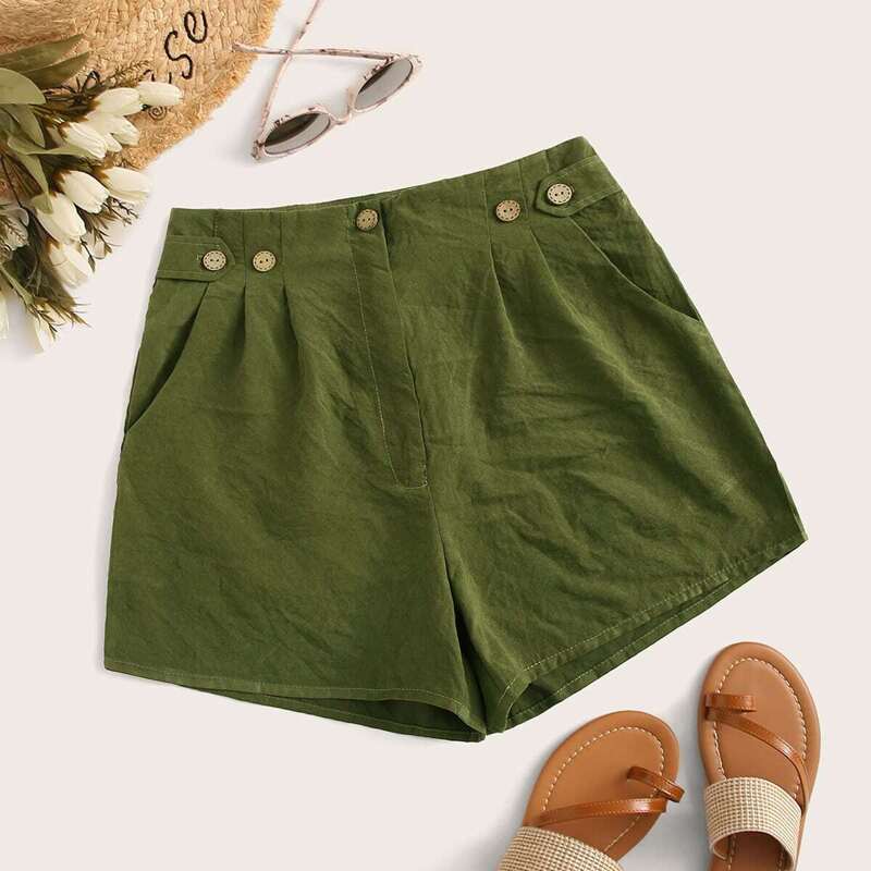 

Button Decoration Pocket Shorts, Army green