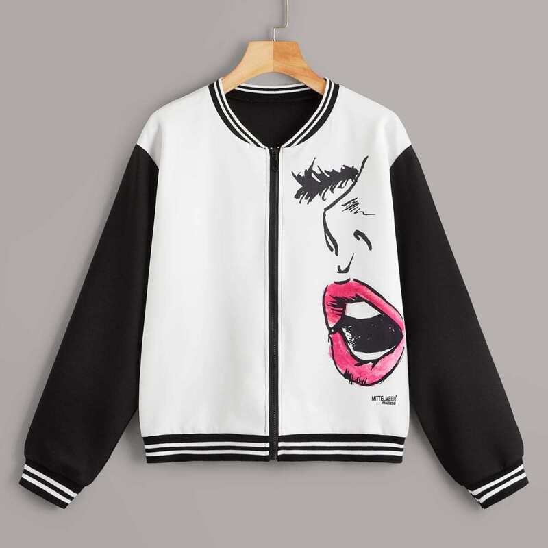 

Lip Print Striped Cuff Zip-up Jacket, Black and white