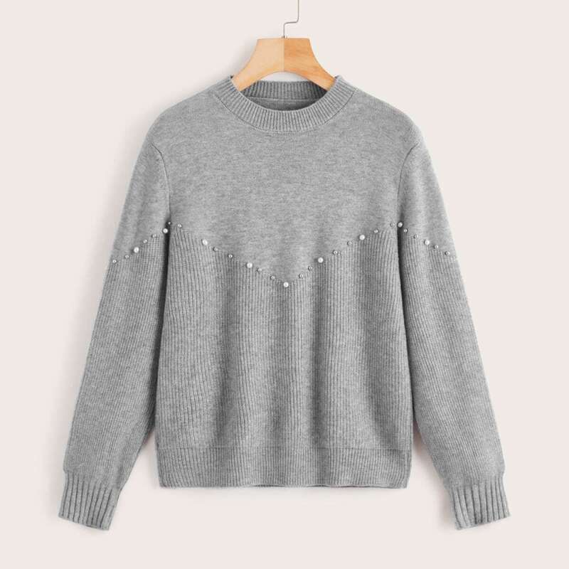 

Pearls Beaded Solid Pullover Sweater, Grey