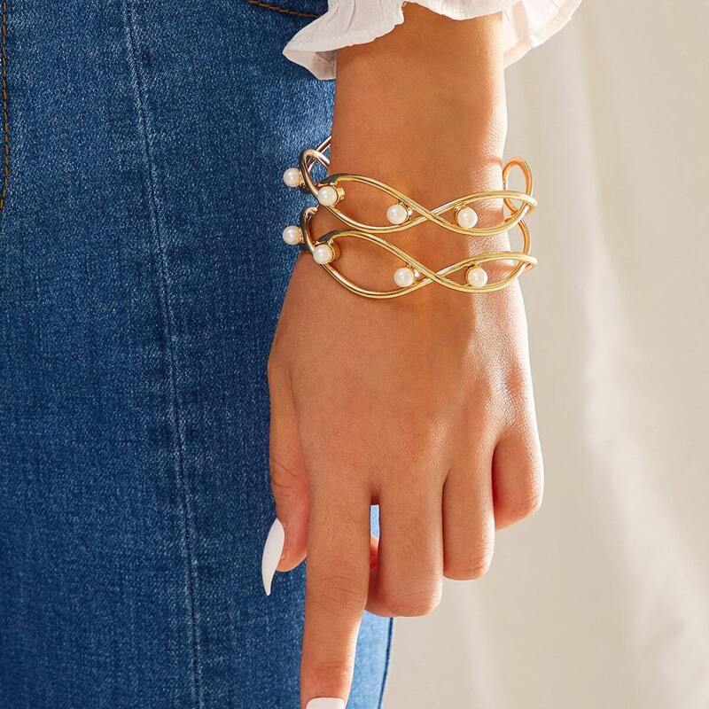 

Faux Pearl Decor Infinity Cuff Bracelet 1pc, Gold