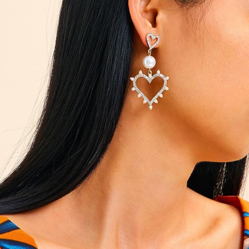 

Faux Pearl & Rhinestone Decor Heart Drop Earrings 1pair, Multicolor