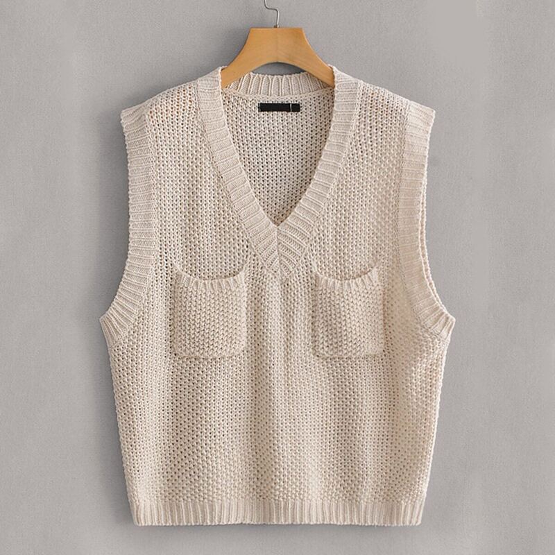 

V-neck Dual Pockets Pointelle Knit Sweater Vest, Beige