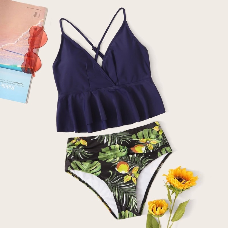

Criss Cross Ruffle Hem Top With Tropical Tankini, Multicolor