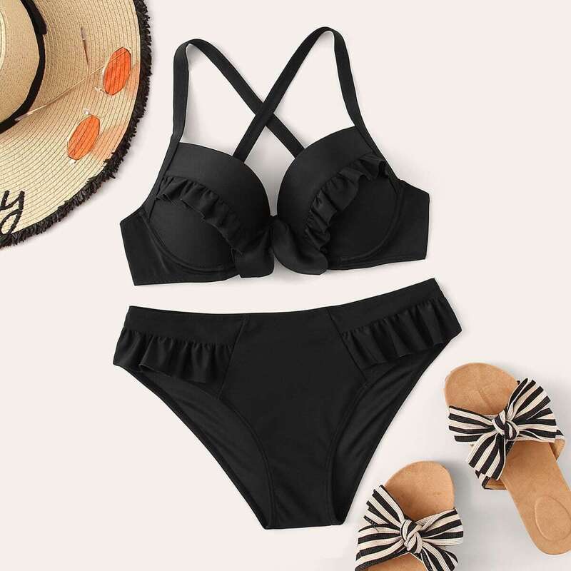 

Criss Cross Ruffle Trim Underwire Bikini Set, Black