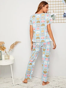 Cartoon Print PJ Set / Pajama Set With Eye Cover - Multicolor - View 2